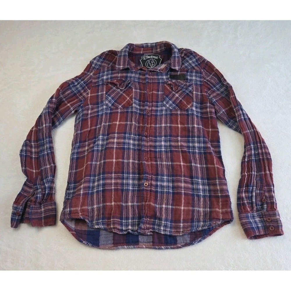 Vintage Style Electric Evolution Men's Flannel Shirt L Rust/ Navy Plaid Button